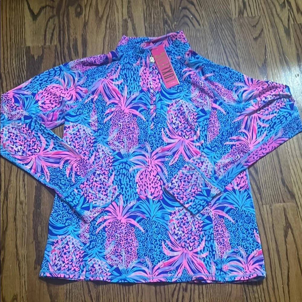 Lilly Pulitzer Luxletic Marion Mesh panel Half Zip Borealis blue tropic down low - Picture 5 of 11